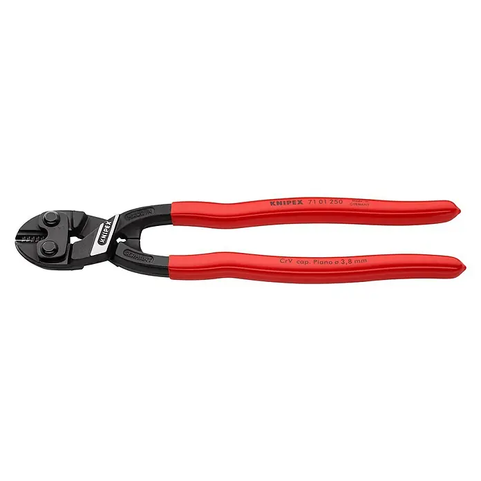 Knipex CoBolt Bolzenschneider - Länge: 250 mm - Bild einer KNIPEX Bolzenschere 71 01 250 mit roten Griffen und schwarzem Kopf, ideal zum Schneiden von harten Materialien.