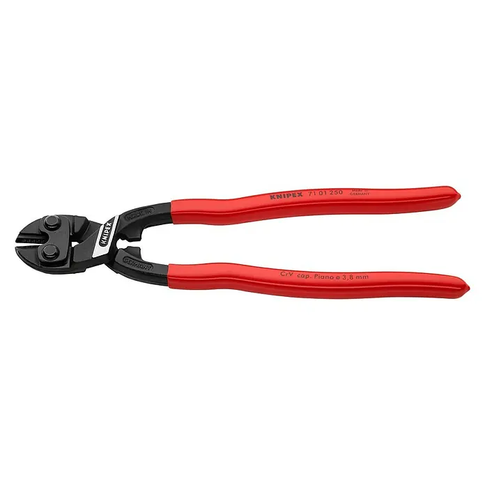 Knipex CoBolt Bolzenschneider - Länge: 250 mm - Bild einer Knipex 71 01 250 Bolzenschere mit roten Griffen, die zum Schneiden von harten Materialien wie Draht, Bolzen und Nieten verwendet wird.