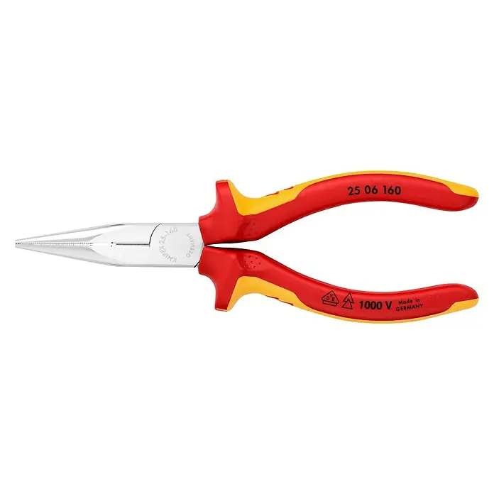 Knipex Flachrundzange - Spitz, Breite: 5,3 cm - Bild einer Spitzzange von Knipex mit rot-gelben Griffen und silbernem Zangenkopf, isoliert für 1000V, hergestellt in Deutschland.