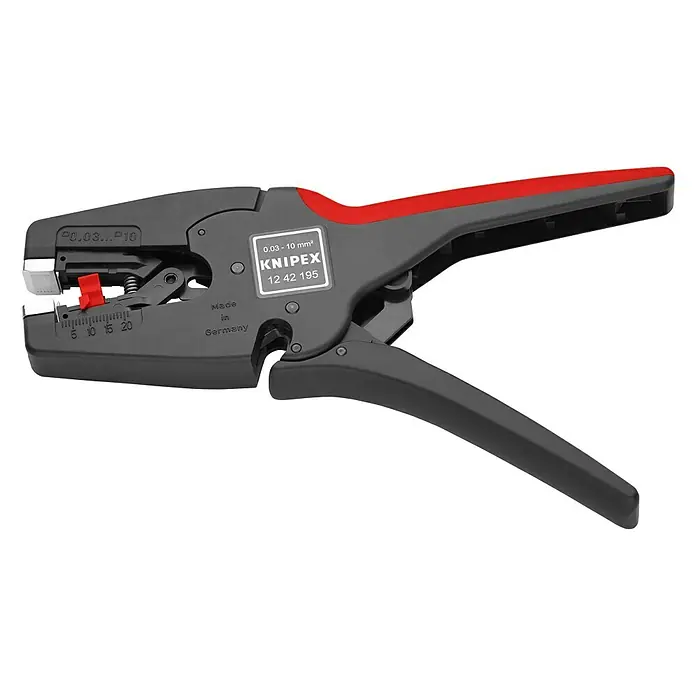 Knipex Abisolierzange MultiStrip 10 - Länge: 19,2 cm, Passend für: Abisolierwerte Quadratmillimeter 0,03 — 10,0 mm² - Die Knipex 12 42 195 Abisolierzange mit rotem Griff, ideal zum präzisen Abisolieren von Kabeln.