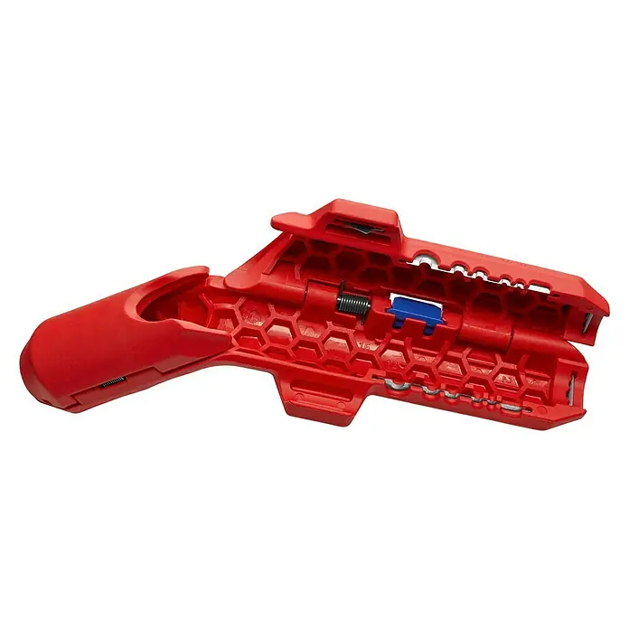 Knipex Abisolierzange - Länge: 13,5 cm, Passend für: Linkshänder - Ein roter, automatischer Abisolierer mit einer blauen Taste in der Mitte und einem Wabendesign für verschiedene Kabelstärken.