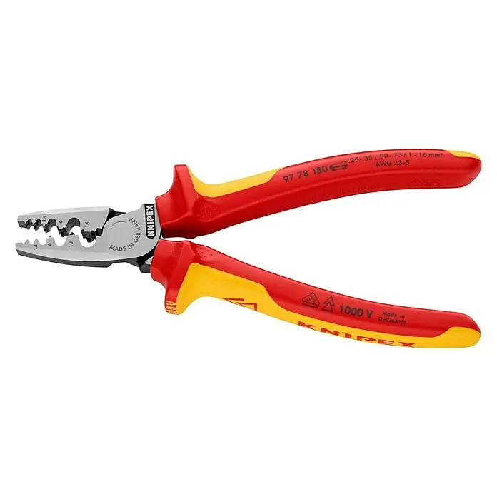 Knipex Crimpzange - Länge: 18 cm - Eine isolierte KNIPEX Crimpzange mit roten und gelben Griffen, ideal für elektrische Installationen und sicheres Arbeiten bis 1000 V.