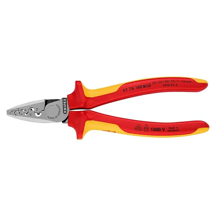 Knipex Crimpzange - Länge: 18 cm - Eine Knipex Crimpzange 97 78 180 mit rot-gelben Griffen, ideal zum Crimpen von Aderendhülsen mit und ohne Kragen. Made in Germany.