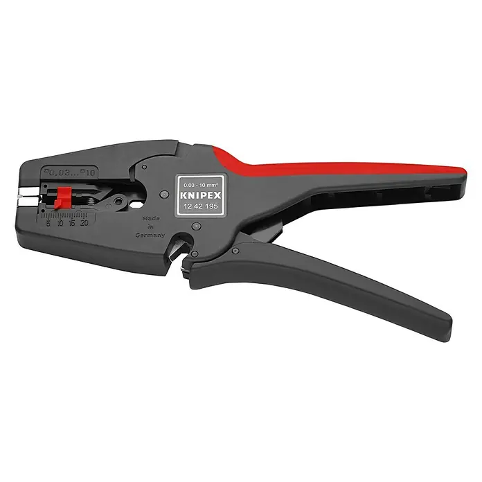 Knipex Abisolierzange MultiStrip 10 - Länge: 19,2 cm, Passend für: Abisolierwerte Quadratmillimeter 0,03 — 10,0 mm² - Eine Knipex 12 42 195 Abisolierzange mit einem roten Griff und einem schwarzen Körper, perfekt für präzises Abisolieren von Kabeln.