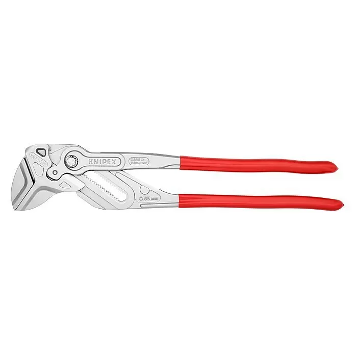 Knipex Alicates de pico de loro XL - Largo: 400 mm - Llave de mordaza Knipex ajustable con cuerpo plateado y mangos rojos.