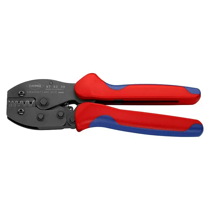 Knipex Crimpzange PreciForce - Länge: 22 cm, Passend für: isolierte + unisolierte Aderendhülsen 0,25 - 6,0 mm² - Knipex Crimpzange für Kabelschuhe, isoliert, mit Mehrkomponentengriffen für präzises und sicheres Crimpen von Kabeln.