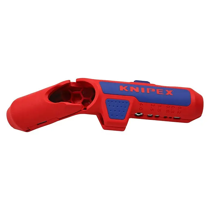 Knipex Abisolierzange - Länge: 13,5 cm, Passend für: Linkshänder - Detailaufnahme einer roten und blauen Knipex Abisolierzange mit verschiedenen Kabeleinstellungsgrößen für präzises Abisolieren.