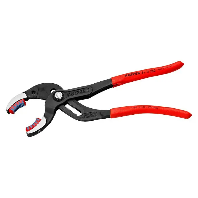 Knipex Wasserpumpenzange SpeedGrip - Länge: 250 mm, Poliert - Die KNIPEX 81 11 250 Rohrzange mit roten Griffen und blau-roten Zähnen ist ideal für Rohre von 10-75 mm Durchmesser. Hergestellt in Deutschland.