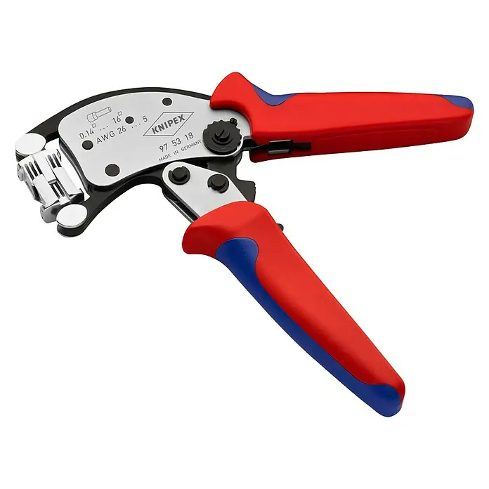 Knipex Crimpzange TWISTOR 16 - Länge: 20 cm - Eine Knipex Crimpzange mit blau-roten Griffen, perfekt für präzise Crimpverbindungen. Das Werkzeug ist ideal für professionelle Anwendungen.