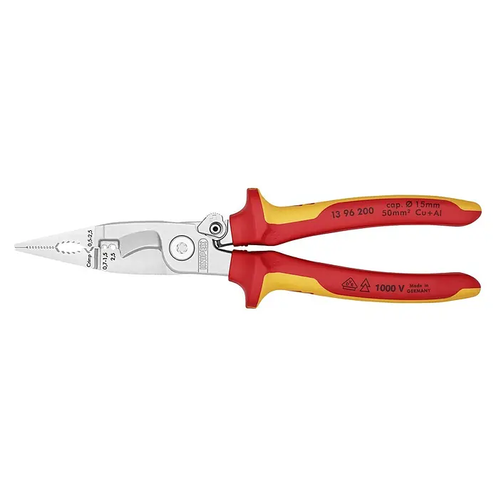 Knipex Kombizange VDE - Mit integrierter Sperrklinke, Länge: 20 cm, Schneide - Die Knipex 13 96 200 Spitzzange mit Mehrkomponenten-Griff ist ideal für Elektroinstallationen und feine Greifarbeiten.