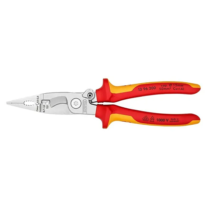 Knipex Kombizange VDESchneide, Länge: 20 cm, Mit integrierter Sperrklinke - Die Knipex 13 96 200 Spitzzange mit Mehrkomponenten-Griff ist ideal für Elektroinstallationen und feine Greifarbeiten.