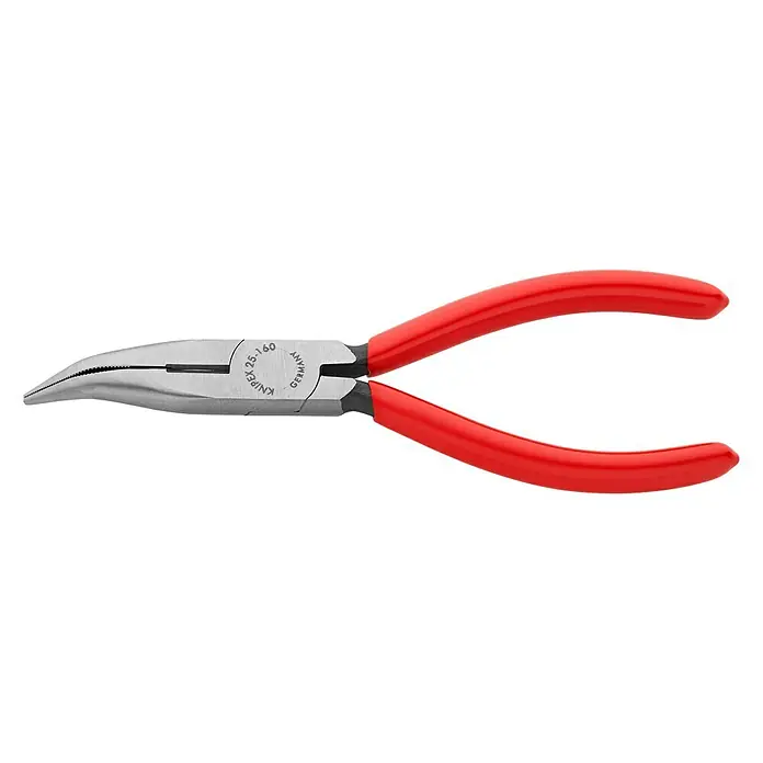 Knipex Flachrundzange - Länge: 16 cm, Rot - Eine Knipex 25 05 160 Spitzzange mit gebogener Form und roten Griffen, ein robustes Werkzeug für präzise Arbeiten.