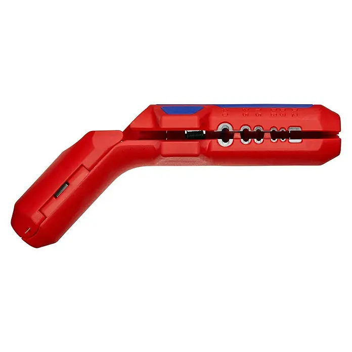 Knipex Abisolierzange - Länge: 13,5 cm, Passend für: Linkshänder - Die rote Knipex ErgoStrip Universal-Abmantelung Werkzeug präsentiert sich. Es verfügt über eine verstellbare Kabellänge und ein ergonomisches Design.