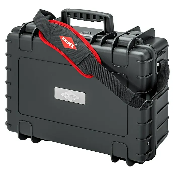 Knipex Werkzeugkoffer Robust23 - B x T x H: 470 x 370 x 190 mm, Polypropylen, Ohne Inhalt - Ein schwarzer Werkzeugkoffer von Knipex mit Tragegriff und Schultergurt für den einfachen Transport von Werkzeugen und Zubehör.