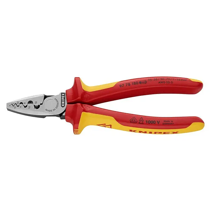Knipex Crimpzange - Länge: 18 cm - Eine isolierte KNIPEX Crimpzange mit roten und gelben Griffen und verschiedenen Kabeleinsätzen.