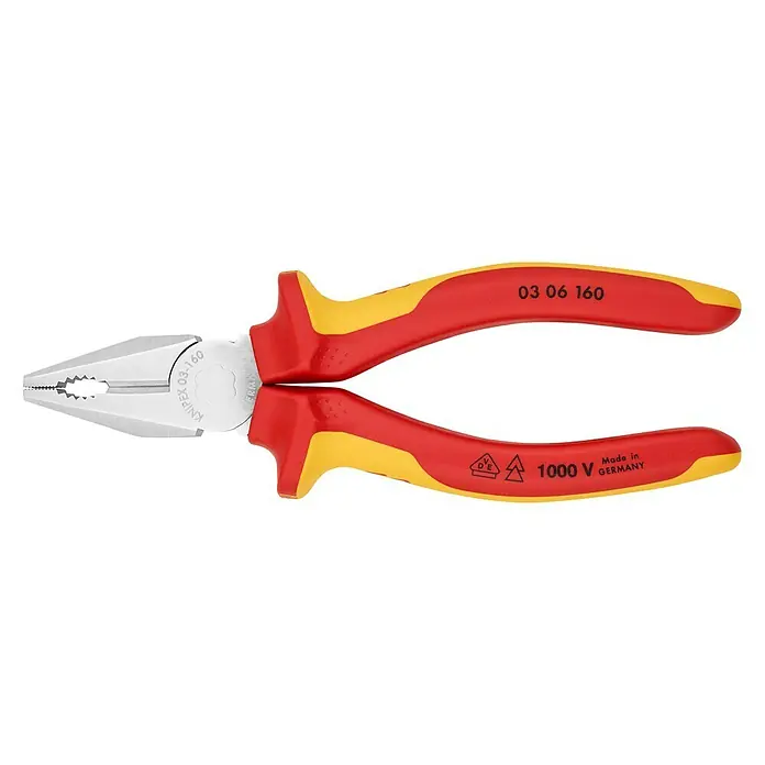 Knipex Kombizange - Länge: 16 cm, Verchromt - Isoliert Kombinationszange Knipex 03 06 160, mit roten und gelben Griffen, für sicheres Arbeiten an spannungsführenden Teilen bis 1000 V.