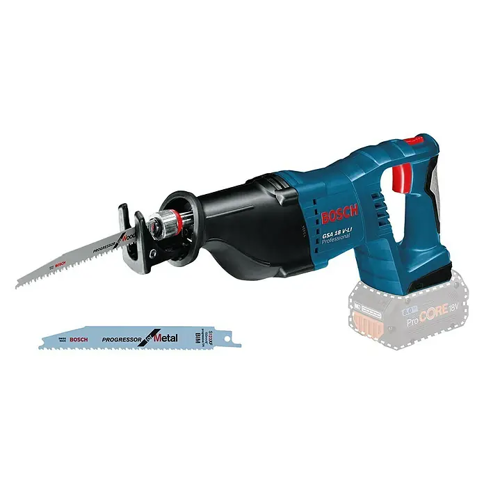 Bosch Professional AMPShare 18V Akku-Säbelsäge GSA 18V-LI - 18 V, Ohne Akku - Abgebildet ist eine blaue Bosch GSA 18 V-LI Akku-Säbelsäge mit Akku und zwei Sägeblättern für Holz und Metall.