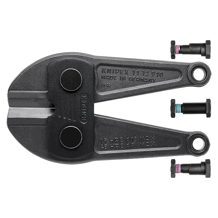Knipex Ersatzmesserkopf - Passend für: Knipex Bolzenschneider, Länge 910 mm - Eine Nahaufnahme einer KNIPEX Bolzenschere 71 72 910 mit auswechselbaren Schneidköpfen, ideal zum Schneiden von harten Materialien.