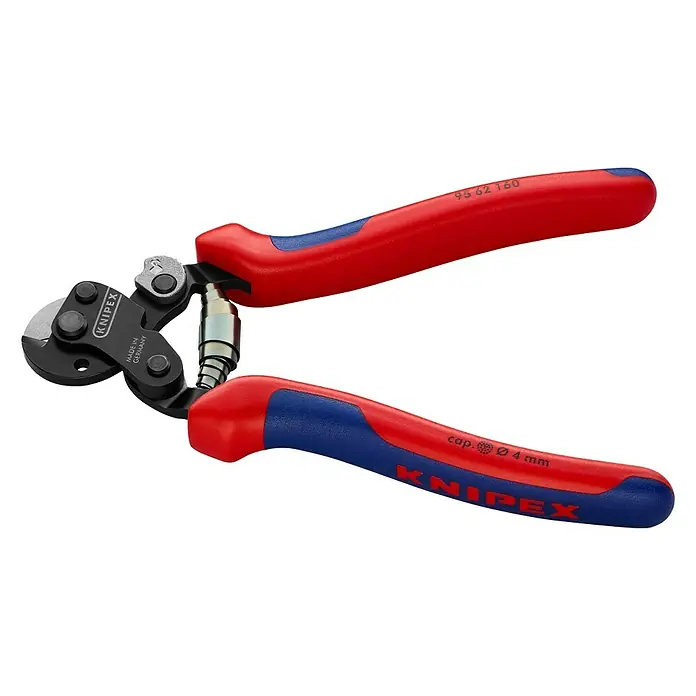 Knipex Drahtseilschere - Länge: 16 cm, Härte Schneide: 62 HRC - Eine Knipex Kabelschere mit rot-blauen Griffen. Das Werkzeug ist scharf und präzise für den professionellen Einsatz geeignet.