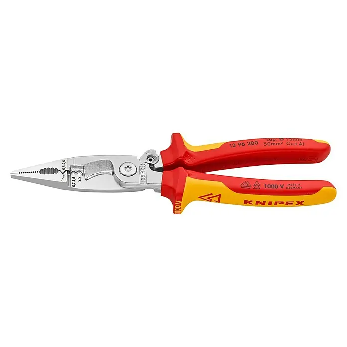 Knipex Kombizange VDESchneide, Länge: 20 cm, Mit integrierter Sperrklinke - Die KNIPEX 13 96 200 Spitzzange mit Mehrkomponenten-Griff für sicheres Arbeiten bis 1000V, ideal für präzise Elektroinstallationen.