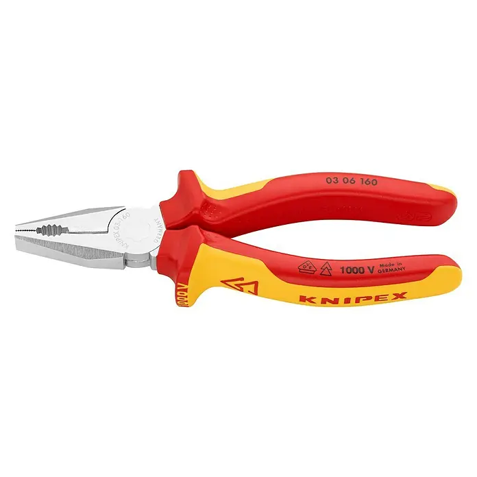 Knipex Kombizange - Länge: 16 cm, Verchromt - Nahaufnahme einer Knipex 03 06 160 Kombinationszange mit rot-gelben, isolierten Griffen, ideal für Elektroarbeiten bis 1000V.