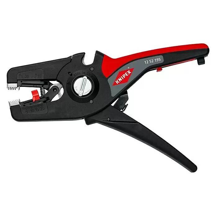 Knipex Alicate pelacables PreciStrip 16 - Largo: 19 cm, Específico para: Valores de desbaste: 0,08 — 16,0 mm² - Pelacables automático Knipex negro y rojo 12 52 195 con escala de medición, para cables de 0,08 a 16 mm².