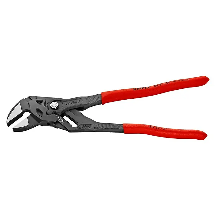 Knipex ZangenschlüsselLänge: 250 mm, Greifkapazität Muttern: 52 mm, Poliert, Kunststoff überzogen - Knipex 86 01 250 Rohrzange mit rotem Griff, ideal für präzises Greifen und Drehen von Rohren und Muttern.