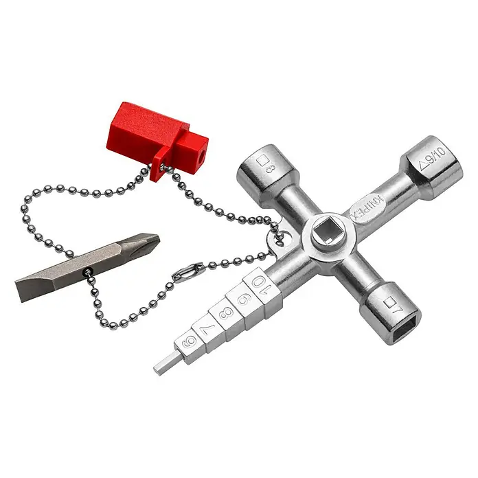 Knipex Universal-Schlüssel Profi Key - Länge: 90 mm - Das Bild zeigt einen KNIPEX Universalschlüssel für Schaltschränke, ein vielseitiges Werkzeug für verschiedene Schließsysteme.