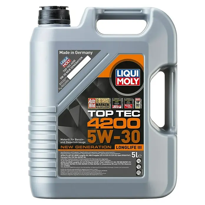 Liqui Moly Aceite para motor Top Tec 4200 - 5 l, 5W-30, C3 - Aceite de motor Liqui Moly Top Tec 4200 5W-30 para motores de gasolina y diésel en bidón de 5 litros, fabricado en Alemania.