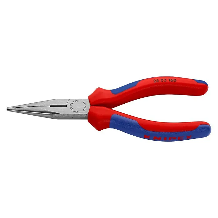 Knipex Flachrundzange - Länge: 16 cm, Rot/Blau - Spitzzange von Knipex mit blau-roten Griffen. Hochwertiges Werkzeug für präzise Arbeiten in Elektrik und Mechanik, ideal für den professionellen Einsatz.