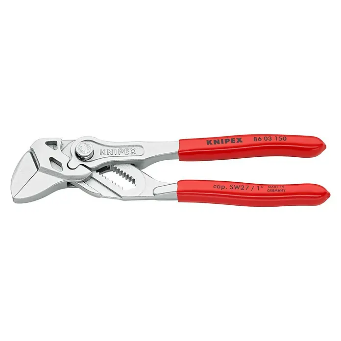 Knipex Wasserpumpenzange - Länge: 150 mm - Knipex Zangenschlüssel 86 03 150. Vielseitiges Werkzeug mit glatten Backen für schonende Montage und einstellbare Spannweite bis SW27.