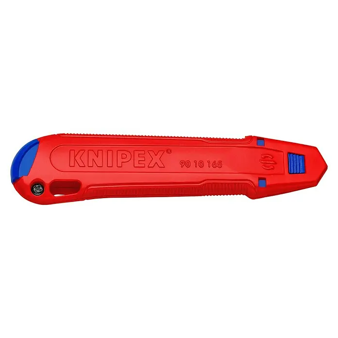Knipex UniversalmesserKlingenbreite: 18 cm - Ein rotes KNIPEX 90 10 165 Teppichmesser mit blauen Akzenten.
