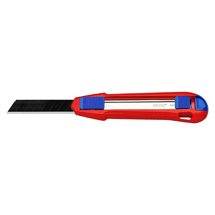 Knipex UniversalmesserKlingenbreite: 18 cm - Ein rotes Knipex-Teppichmesser mit blauen Akzenten und ausfahrbarer Klinge für präzise Schneidarbeiten.