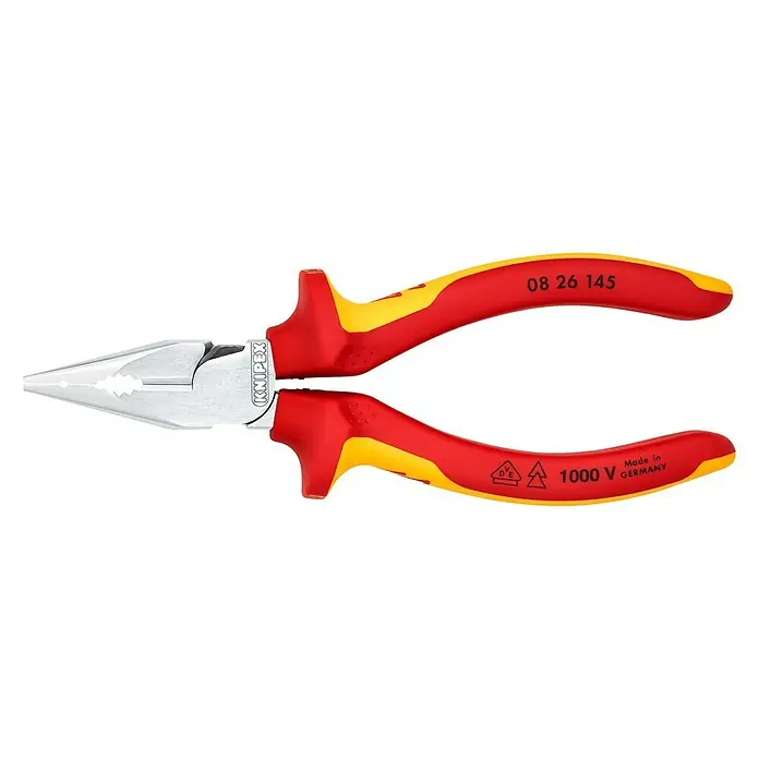 Knipex Flachrundzange - Länge: 14,5 cm - Eine isolierte Knipex Spitzzange mit gelb-roten Griffen, geeignet für Arbeiten bis 1000V, hergestellt in Deutschland, für präzises Greifen.
