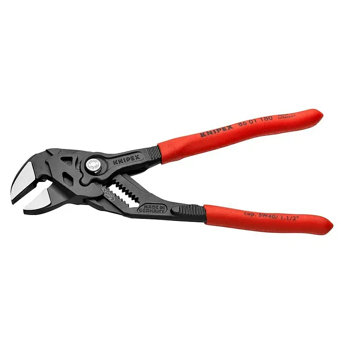 Knipex Wasserpumpenzange - Länge: 180 mm, Poliert - Die KNIPEX 86 01 180 Zange: Präzisionswerkzeug mit rotem Griff, ideal für vielfältige Anwendungen. Hergestellt in Deutschland.