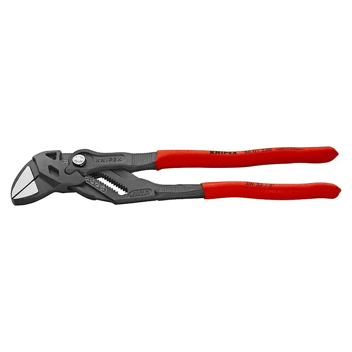 Knipex ZangenschlüsselLänge: 250 mm, Greifkapazität Muttern: 52 mm, Poliert, Kunststoff überzogen - Knipex 86 01 250: Die hochwertige Wasserpumpenzange für präzises Greifen, Halten, Pressen und Biegen. Ideal für Installateure und Handwerker.