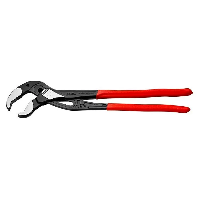 Knipex Alligator Alicates de pico de loro XL - Largo: 400 mm - Alicates Knipex Alligator con cuerpo de metal negro y mangos rojos texturizados, mandíbulas abiertas.