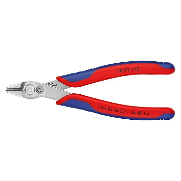 Knipex Abisolierzange Super-Knips - Länge: 14 cm - Seitenschneider von Knipex mit blau-roten Griffen. Das Werkzeug ist ideal für feine Schneidarbeiten in der Elektronik und Mechanik.