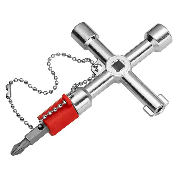 Knipex Schaltschrankschlüssel - Länge: 76 mm - Ein multifunktionaler Kreuzschlüssel mit Bitaufnahme und Kugelkette, ideal für verschiedene Anwendungen im Haushalt und Handwerk.