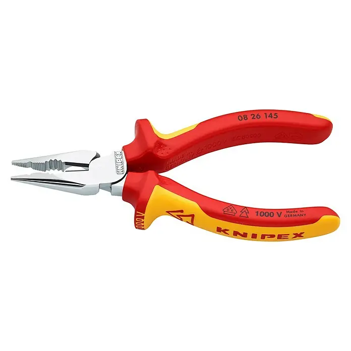 Knipex Flachrundzange - Länge: 14,5 cm - Isolierte Knipex Spitzzange, 08 26 145, mit roten und gelben Griffen. Sie ist bis 1000 V isoliert und in Deutschland hergestellt.