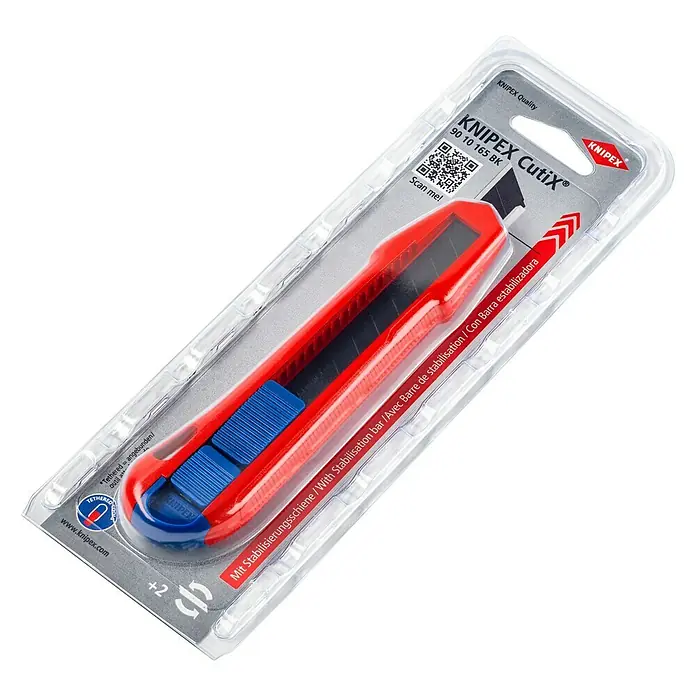 Knipex Universalmesser - Länge: 165 mm - Ein KNIPEX CutiX® Teppichmesser 90 10 165 BK in roter und blauer Farbe in einer transparenten Verpackung. Hochwertiges Werkzeug für präzise Schnitte.