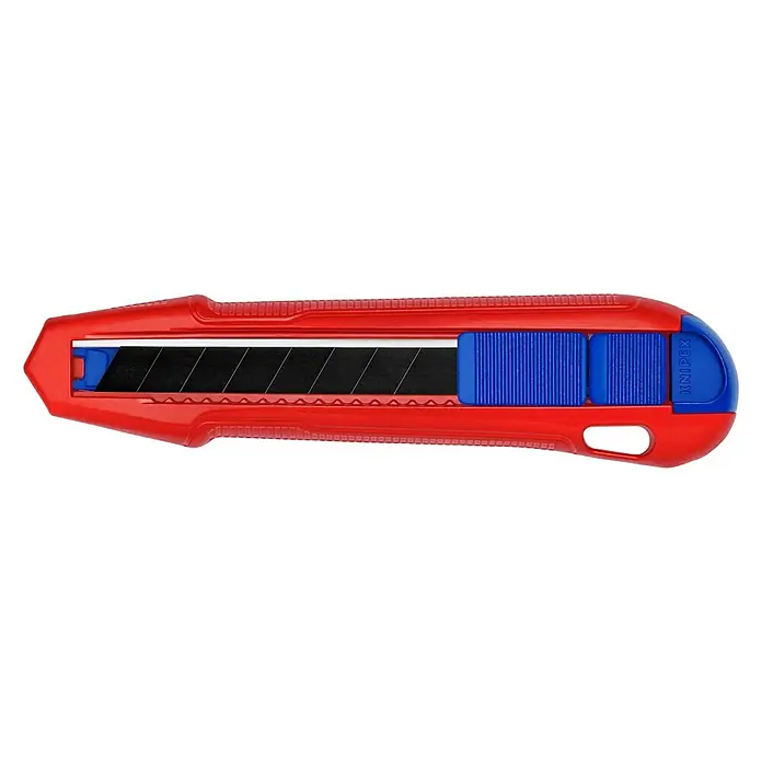 Knipex Universalmesser - Länge: 165 mm - Detailaufnahme eines roten KNIPEX Teppichmessers mit blauen Akzenten und ausfahrbarer Klinge auf schwarzem Hintergrund.
