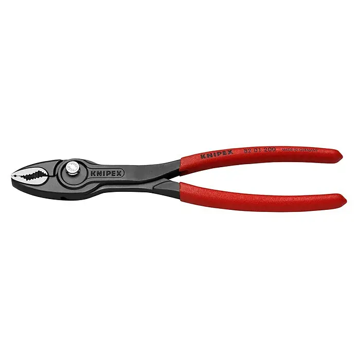Knipex Wasserpumpenzange TwinGrip - Länge: 20 cm - Eine Knipex-Zange mit roten Griffen und einem schwarzen Kopf, ideal für präzise Arbeiten. Das Werkzeug ist hochwertig und langlebig.