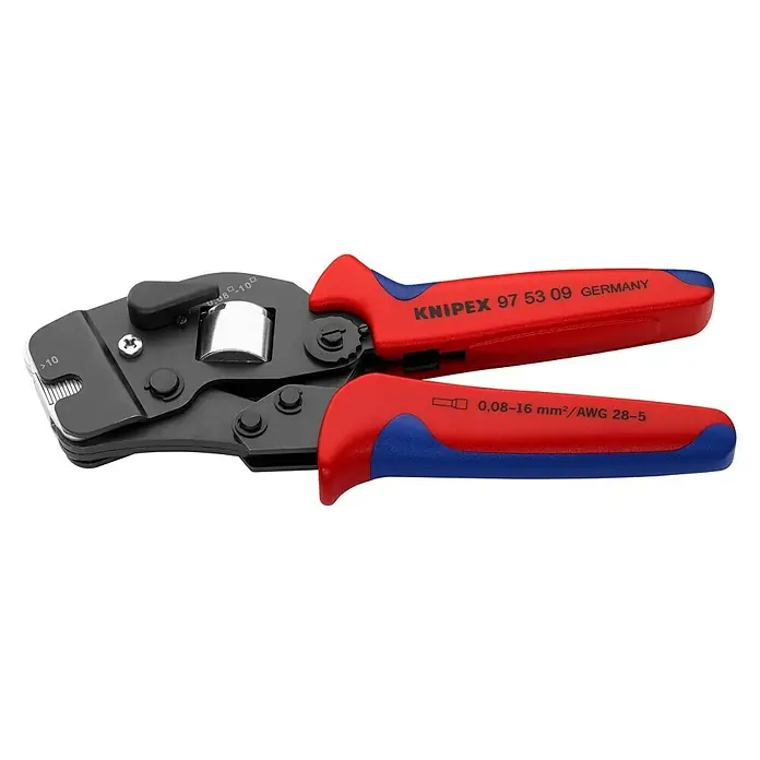 Knipex CrimpzangeZwangssperre - Eine Knipex Crimpzange mit zweifarbigen Griffen (rot und blau), die für Kabelschuhe und Verbinder geeignet ist. Ideal für präzise und sichere Verbindungen.