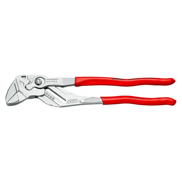Knipex Wasserpumpenzange - Länge: 300 mm, Verchromt - Eine Knipex Rohrzange mit roten Griffen, ideal für professionelle Sanitärinstallationen und Reparaturen. Hochwertige Werkzeugqualität für lange Lebensdauer.