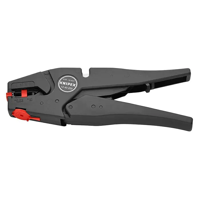 Knipex AbisolierzangeLänge: 20 cm, Passend für: Abisolierwerte 0,03 — 10,0 mm² - Eine automatische Abisolierzange von Knipex, Modell 12 40 200, in Schwarz und Rot. Das Werkzeug ist geöffnet und bereit für den Einsatz.