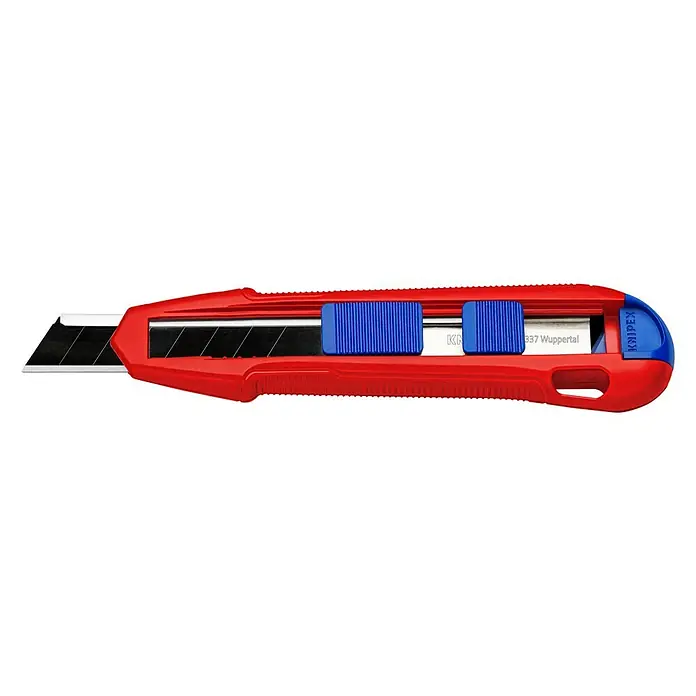 Knipex Universalmesser - Länge: 165 mm - Ein rotes Knipex Cuttermesser mit blauen Akzenten und ausziehbarer Klinge, ideal für präzise Schnitte.