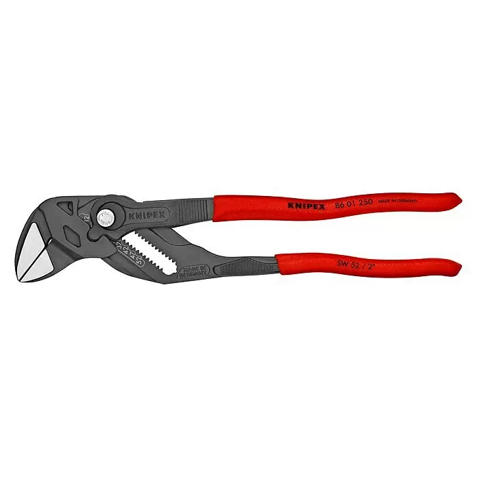 Knipex Alicates de pico de loro - Largo: 250 mm, Pulido - Llave alicates Knipex con cuerpo metálico gris y mangos aislados rojos. Una herramienta versátil para agarrar y sujetar.