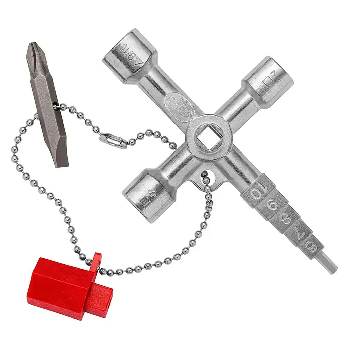 Knipex Universal-Schlüssel Profi Key - Länge: 90 mm - Schlüsselkreuz mit Schraubendreher und Kette. Das Werkzeug ist aus Metall und hat verschiedene Größen für Schrauben und Muttern.