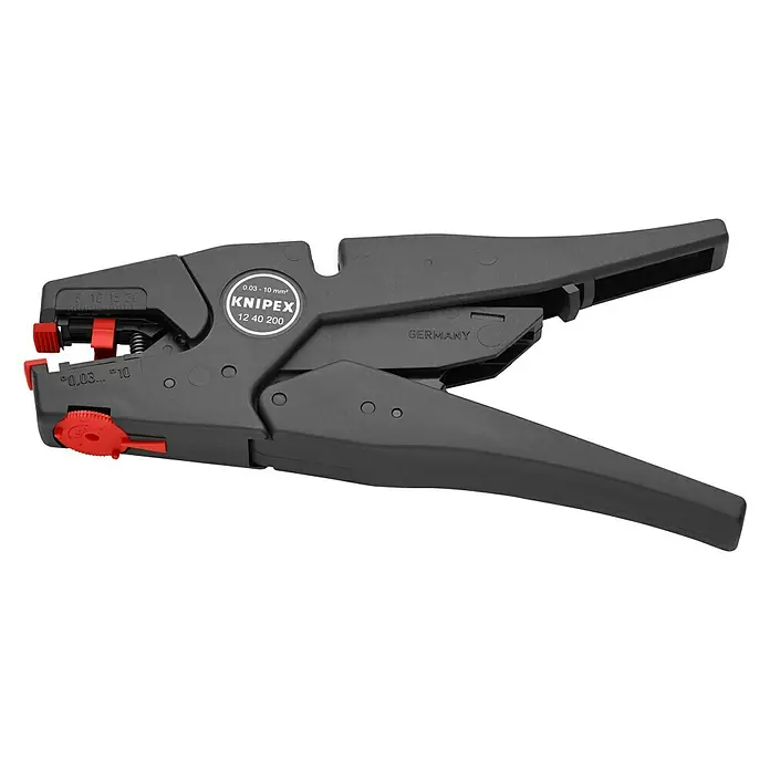 Knipex AbisolierzangeLänge: 20 cm, Passend für: Abisolierwerte 0,03 — 10,0 mm² - Das Bild zeigt eine Knipex 12 40 200 automatische Abisolierzange, ein Werkzeug zum Entfernen der Isolierung von elektrischen Leitungen.
